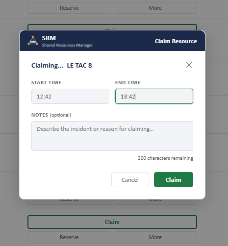 Claim Resource window defaulting to a one-hour claim with optional notes.
