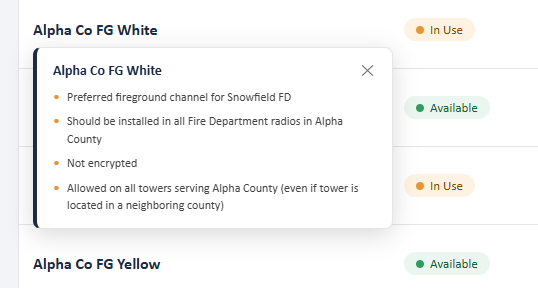 Close-up of a resource description pop-up listing key details about a channel.