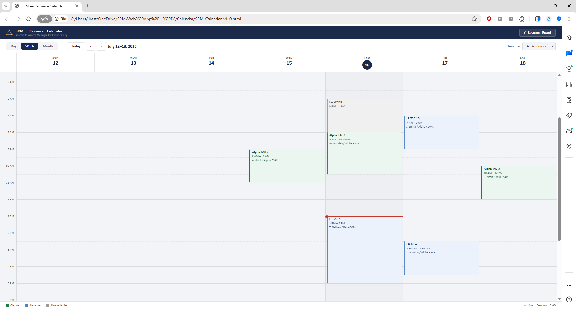 Resource Calendar in week view showing claimed and reserved resources.