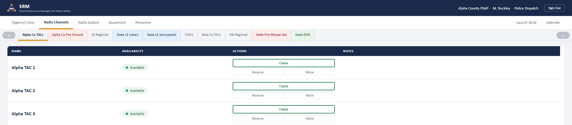 SRM resource board showing a live status board of shared radio channels, each available to claim or reserve in one click.