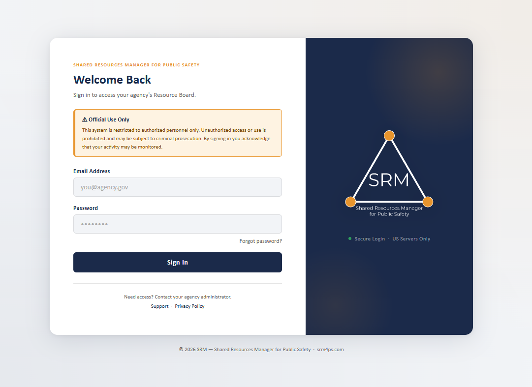 SRM sign-in screen with email and password fields.